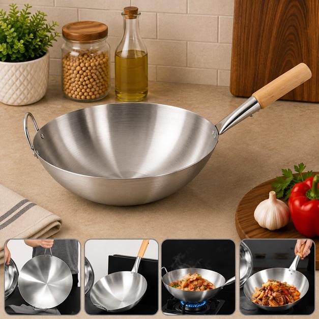 STAINLESS STEEL WOK PAN WITH WOODEN HANDLE 34CM