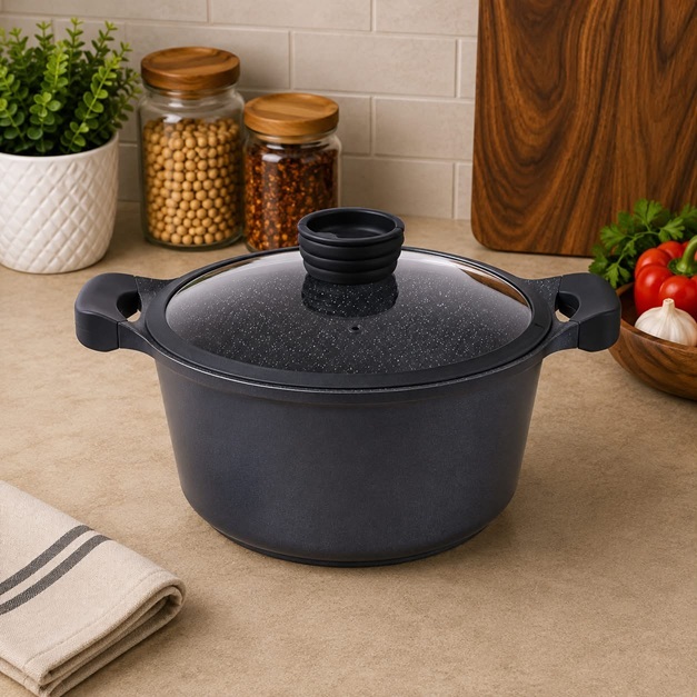 THE HARVEST NON-STICK DIE CAST DEEP CASSEROLE POT W/LID 20 CM