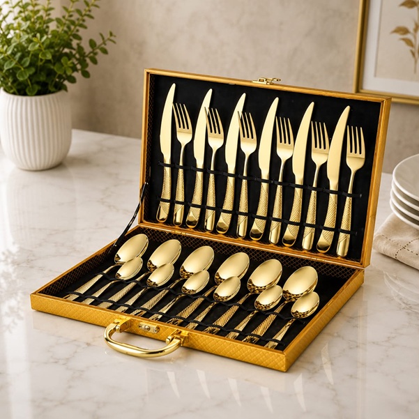 24 PCS HIGH QUALITY POLISHED CUTLERY SET STAINLESS STEEL- GOLD
